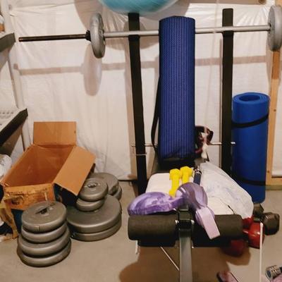 Exercise Items - Bench, Weights, Yoga Mat, and Ball