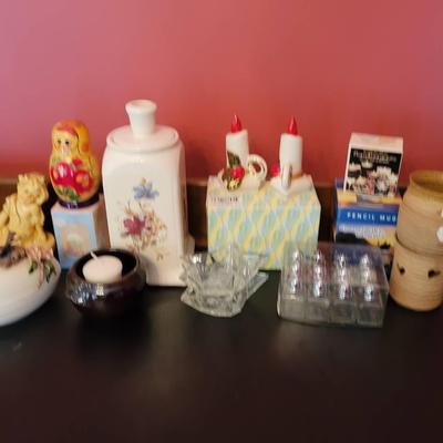 Fun Lot of Mixed Décor Nesting Dolls, Decorative Bottle, Salt & Pepper, Candle Holders, More