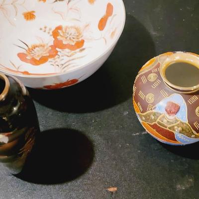 Moriage Satsuma Vase, Sadek Made in Japan Bowl, and Etched Metal Vase - 3 pc Lot 