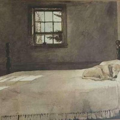 "Master Bedroom" by Andrew Wyeth Framed Art Print - Simple scene of a bedroom, bed, and dog 