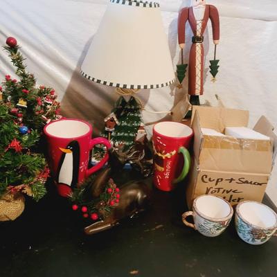 Christmas Decor Lot - Trees, Reindeer, Santa, And Cups 