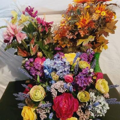 Faux Flower Arrangements in Vintage Containers 3 Pc Lot 