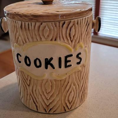 Mid Century Ceramic Cookie Jar with Faux Wood Finish - No Handle