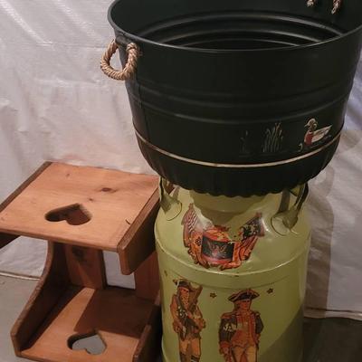 Primitive Decor Water Bucket, Wooden Stool, and Milk Can Green with Painted Soldiers 3pc  Lot