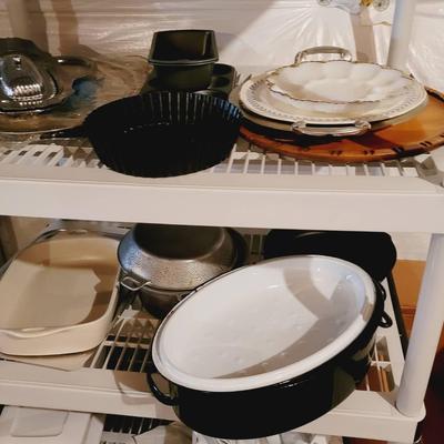 Baking Serving Cookware and More Vintage to Modern - Large Lot 2 Shelves
