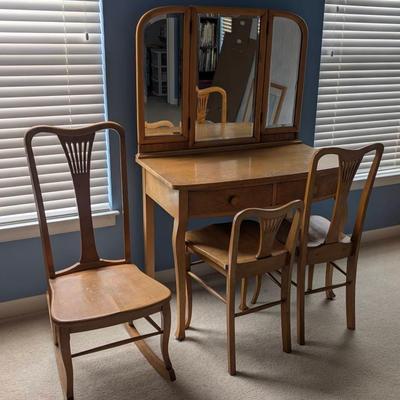 Birdseye Maple Vanity with Two Chairs and a Matching Rocker