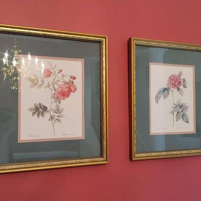 Rose Floral Art Prints in Gold Tone Frames - 2 pc Lot 
