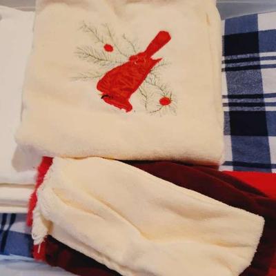 Full Sized Blue and White Plaid Flannel Sheets and Various Hand Towels - Tote Lot 