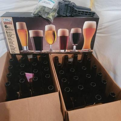 Brewing Supplies Lot - Bottles Caps Capper and Glasses