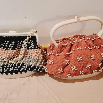 Beaded Crochet Handbag Purses Vintage Bags Pink Blue - 2 pc Lot