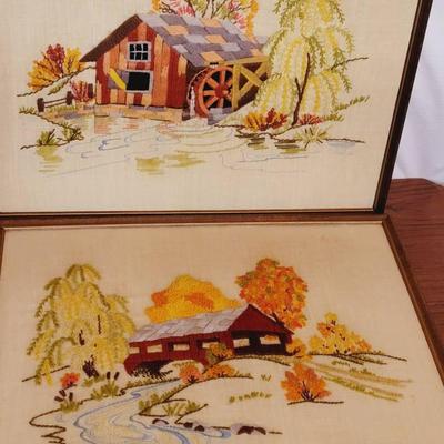 Embroidered Covered Bridge and Water Mill Framed Fiber Art Pieces 