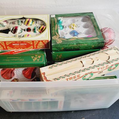 Christmas Decor Ornaments Lot - Tote of  Glass, Vintage, Shiny Brite and More 