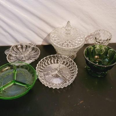 Green And Clear Vintage Glass 6pc 