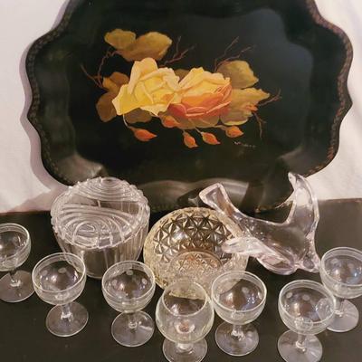 Toleware Tray and Clear Glass Decor Lot