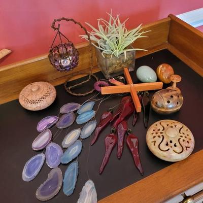 Boho Décor Lot - Incense Burners, Chimes, Plant, and Candleholder