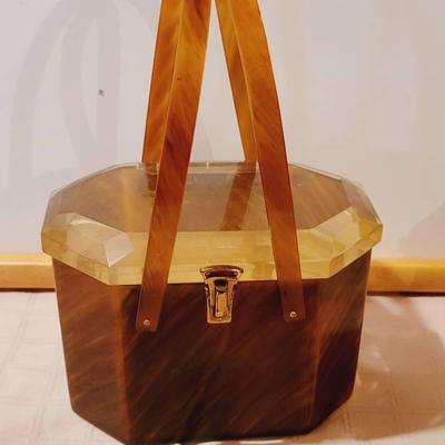 Marbled Butterscotch Lucite Box Purse Faceted Lid