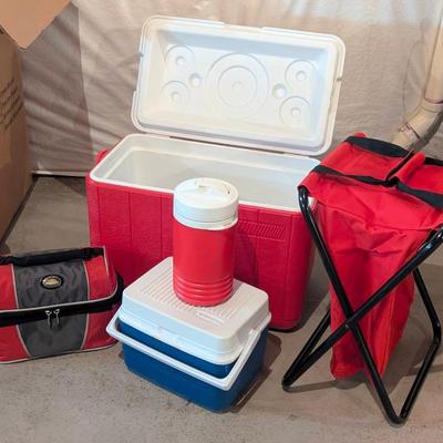 Camping Set:  Collapsible Stool with Storage, Small Cooler, Two Lunchboxes & Thermos 