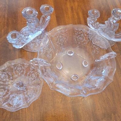 Fostoria Navarre -  Bowl, Compote, and Two Candlesticks - 4 piece Lot 