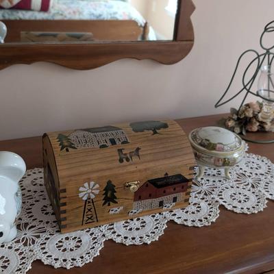 Dresser Top Collection, Prim Country Box, Piggy Bank, Trinket Dish And Angel Candle Holder 