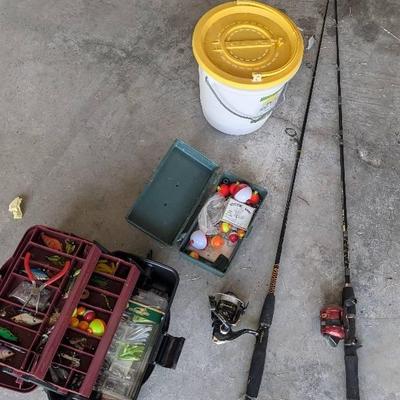 Fishing Supplies - Two Rods, Bobbers, Lures, & Bucket 