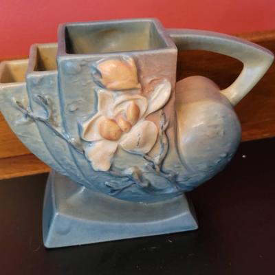 Roseville USA Blue Magnolia Handled Vase Tiered Flower Arranger Vase 1940s