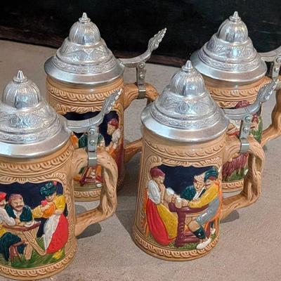 German Beer Steins with Lids Set of Four Vintage 