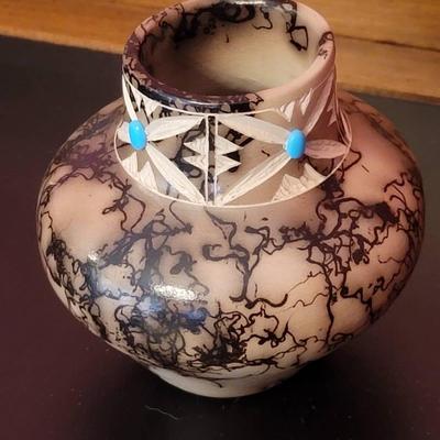 Signed Navajo T Vail Jr Horsehair Pottery Vase 