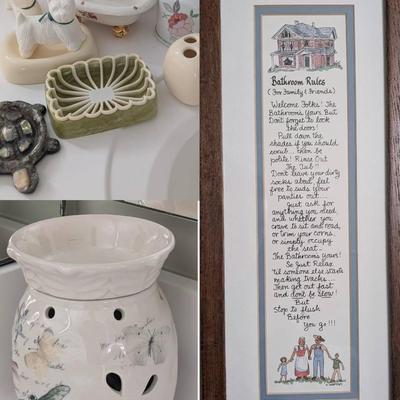 Bathroom Décor Lot - Formed Soap Terriers, Soap and Toothbrush Holders, Wax Melter and Bathroom Art