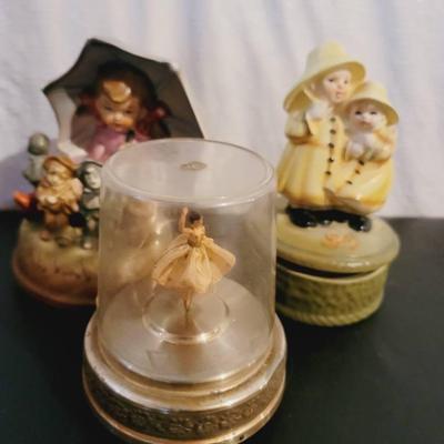 Music Box Figures Vintage 3pc Lot Dancer Lady Under Umbrella and Kids in Yellow Rain Gear