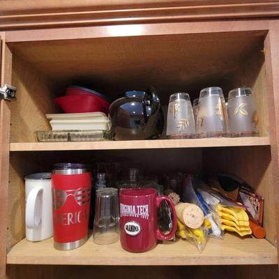 Kitchen Cabinet Lot - VA Tech Coffee Mug, Leaf Print Glasses, Teapot, and More! Vintage to Modern 