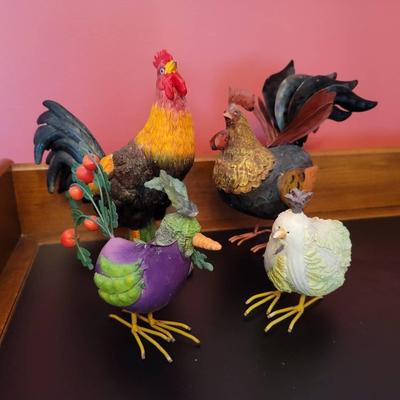 Rooster and Chicken Figure Lot - Accurate Figural, Whimsical, and Vegetable Designs - 4 pc 