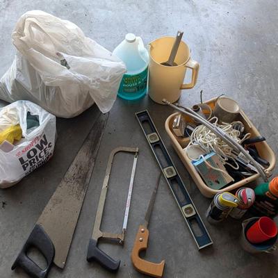 Misc Garage Items and Three Saws - Shop Towels, Level, Nails, Clamps, and More