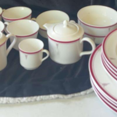 29 Piece Set Of Red Rimmed And White Dishware