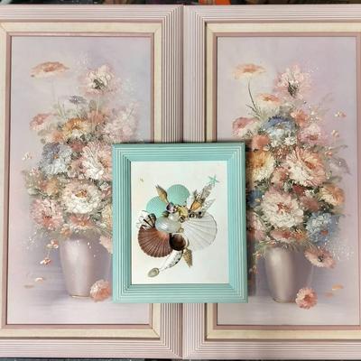 Pair Of Vintage Framed Floral-Themed Signed Oil Paintings + Framed Shell Art