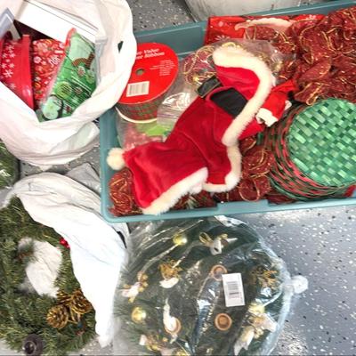 Christmas Decor Mystery Lot #3 - Ribbon, Wreaths, Plastic Cookie Buckets