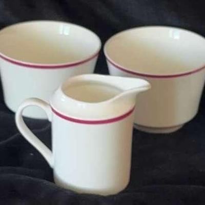 4 Red Rimmed Handless Ceramic Cups And 1 Creamer