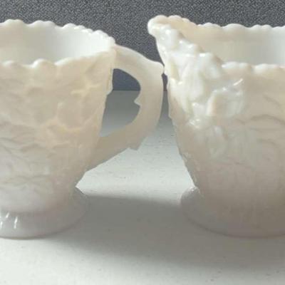 Westmoreland Creamer & Open Sugar Bowl Bramble White Milk Glass #1928 Maple Leaf