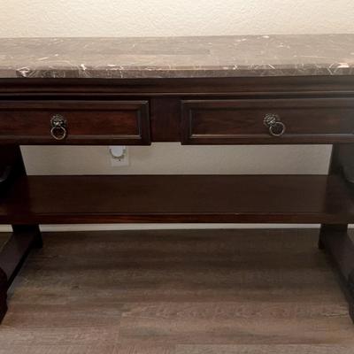 Marble Style Top Dark Wood Entryway Console Table With Two Drawers And Bottom Shelf