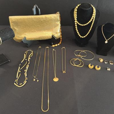 Gold Costume Jewelry Lot & Sassy, shiny hand bag! 
