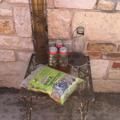 For The Birds Lot Of Feeders, Food And Rustic Table