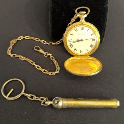 Vintage Andre Rivalle, Fox Hunting Swiss Gold-tone pocket watch & vintage brass tire pressure gauge 