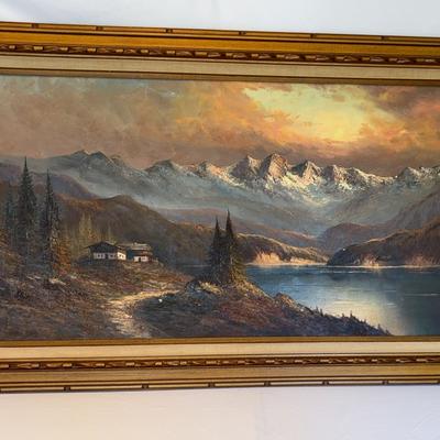 Large Framed Painting Depicting A Mountain/Lake Landscape