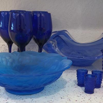 Shades Of Blue - Vintage Fenton Hobnail Mini Pitcher & Glasses, 6 Cobalt Wine Glasses & Bowls