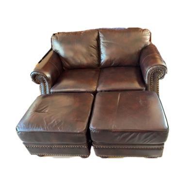Dark Brown, leather-like love seat + 2 ottomans 