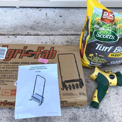 Agri-Fab Push pull Lawn Spike Aerator + Weed & Seed +hose Fertilizer Attachment 