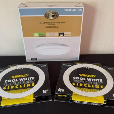 Hampton Bay 16”LED Round Ceiling Puff And Two SATCO Cool White Fluorescent Circline Lights