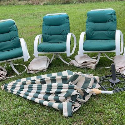 Four Swivel Deck Chairs with Cushions, Umbrella & Covers