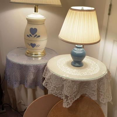 Round Side Tables with Crochet Lace, Glass Tops & Two Lamps