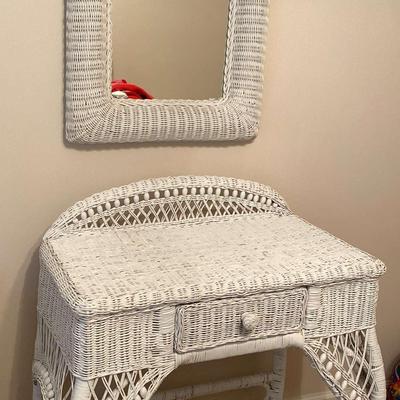White Wicker Vanity Table with Drawer and Matching Mirror