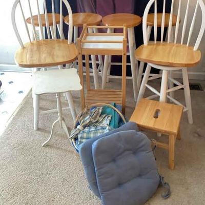 Blonde Wood & White Barstools with Footstool and Linens